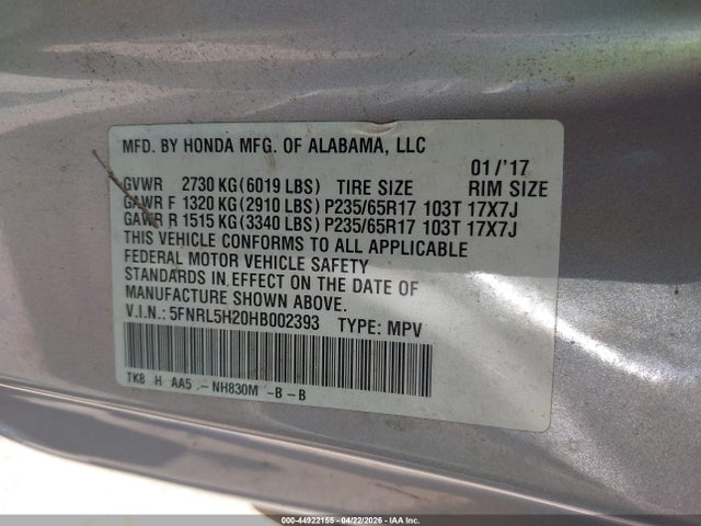 Продажа на аукционе авто 2017 Honda Odyssey Lx, vin: 5FNRL5H20HB002393, номер лота: 44922155