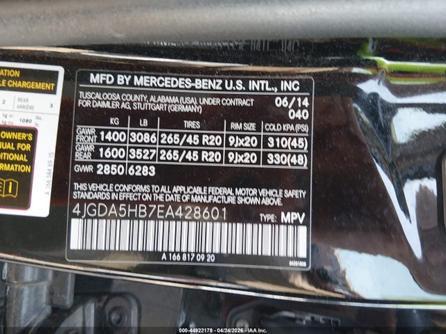 Aukcja sprzedaży 2014 Mercedes-benz Ml 350 4matic, vin: 4JGDA5HB7EA428601, numer aukcji: 44922179