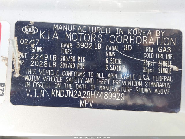 44922192 :رقم المزاد ، KNDJN2A28H7489929 vin ، 2017 Kia Soul مزاد بيع