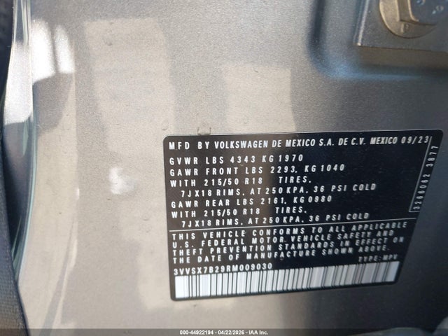 Aukcja sprzedaży 2024 Volkswagen Taos 1.5t Se, vin: 3VVSX7B29RM009030, numer aukcji: 44922194