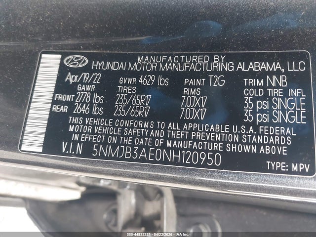 Aukcja sprzedaży 2022 Hyundai Tucson Sel, vin: 5NMJB3AE0NH120950, numer aukcji: 44922221