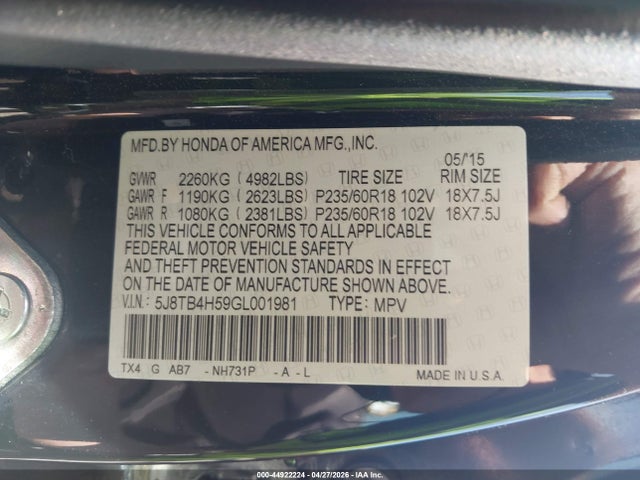 Aukcja sprzedaży 2016 Acura Rdx Technology   Acurawatch Plus Packages/technology Package, vin: 5J8TB4H59GL001981, numer aukcji: 44922224