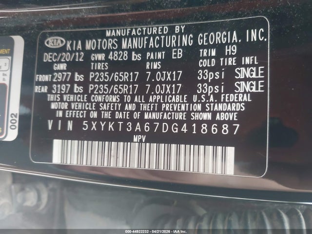 Aukcja sprzedaży 2013 Kia Sorento Lx, vin: 5XYKT3A67DG418687, numer aukcji: 44922232
