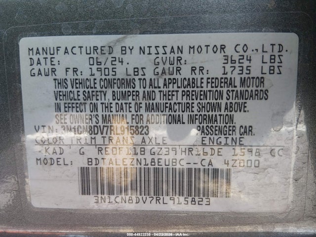Aukcja sprzedaży 2024 Nissan Versa 1.6 S, vin: 3N1CN8DV7RL915823, numer aukcji: 44922235