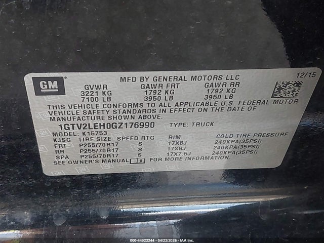 Aukcja sprzedaży 2016 Gmc Sierra 1500, vin: 1GTV2LEH0GZ176990, numer aukcji: 44922244
