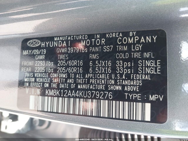 2019 Hyundai Kona Se მანქანა იყიდება აუქციონზე, vin: KM8K12AA4KU379276, აუქციონის ნომერი: 44922248