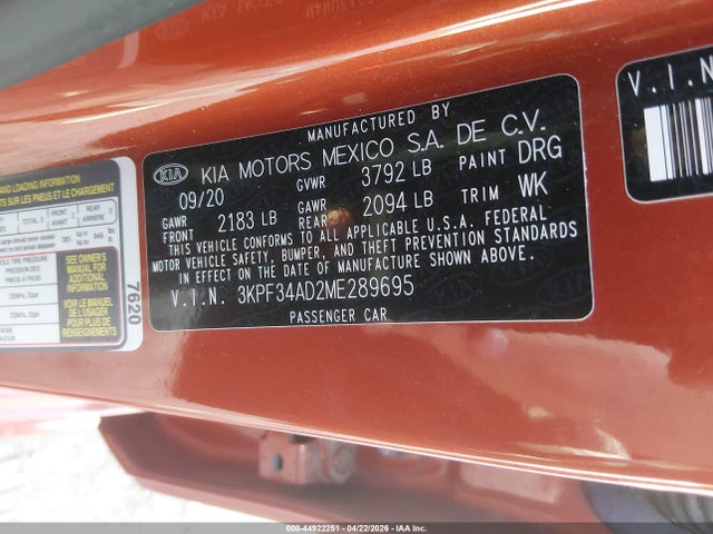 Aukcja sprzedaży 2021 Kia Forte Gt-line, vin: 3KPF34AD2ME289695, numer aukcji: 44922251