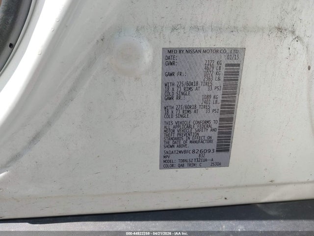 Aukcja sprzedaży 2015 Nissan Rogue Sl, vin: 5N1AT2MV8FC826093, numer aukcji: 44922258