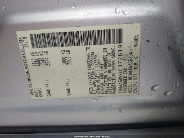 2020 Nissan Maxima Sl Xtronic Cvt მანქანა იყიდება აუქციონზე, vin: 1N4AA6DVXLC372819, აუქციონის ნომერი: 44922260
