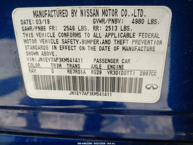 Продаж на аукціоні авто 2019 Infiniti Q50 3.0t Signature Edition, vin: JN1EV7AP3KM541411, номер лоту: 44922264