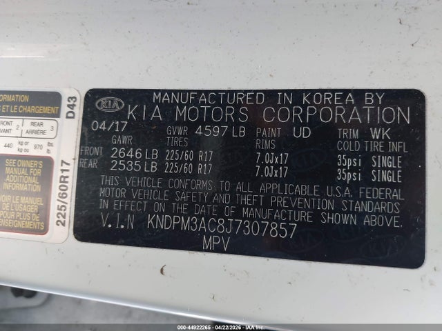 Aukcja sprzedaży 2018 Kia Sportage Lx, vin: KNDPM3AC8J7307857, numer aukcji: 44922265