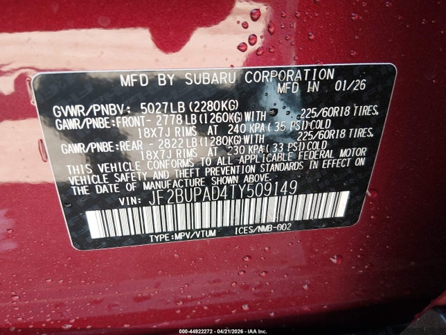 Auction sale of the 2026 Subaru Outback Premium, vin: JF2BUPAD4TY509149, lot number: 44922272