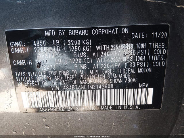 2021 Subaru Outback Limited მანქანა იყიდება აუქციონზე, vin: 4S4BTANC1M3142608, აუქციონის ნომერი: 44922273