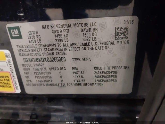 Aukcja sprzedaży 2016 Buick Enclave Leather, vin: 5GAKVBKDXGJ265360, numer aukcji: 44922277