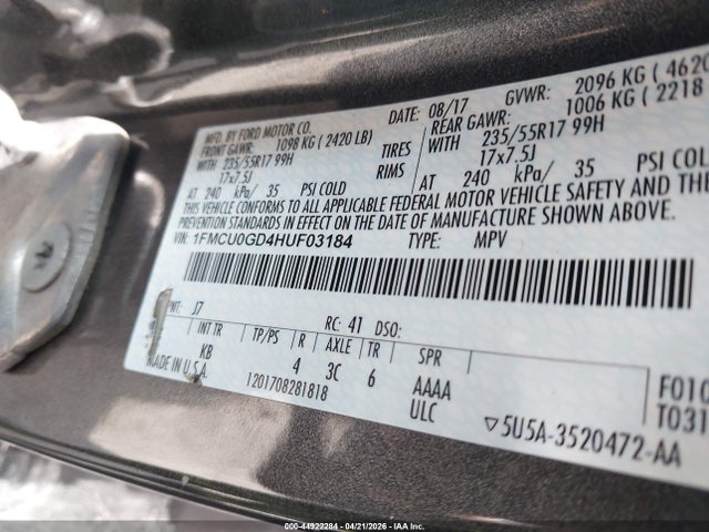 44922284 :رقم المزاد ، 1FMCU0GD4HUF03184 vin ، 2017 Ford Escape Se مزاد بيع