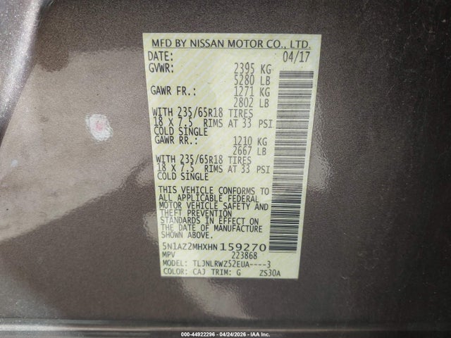 Aukcja sprzedaży 2017 Nissan Murano Sl, vin: 5N1AZ2MHXHN159270, numer aukcji: 44922296