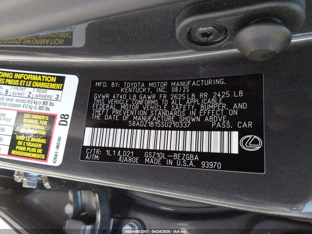 44922307 :رقم المزاد ، 58ADZ1B15SU210337 vin ، 2025 Lexus Es 350 مزاد بيع
