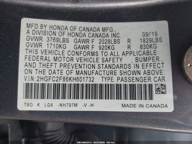 Honda Civic Sport 2019 2HGFC2F86KH601732 Image 9