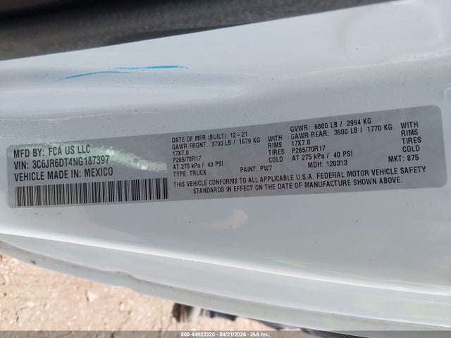 2022 Ram 1500 Classic Tradesman  4x2 8' Box მანქანა იყიდება აუქციონზე, vin: 3C6JR6DT4NG187397, აუქციონის ნომერი: 44922320