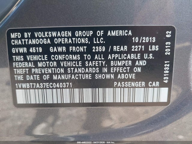 Продаж на аукціоні авто 2014 Volkswagen Passat 1.8t Se, vin: 1VWBT7A37EC040371, номер лоту: 44922322