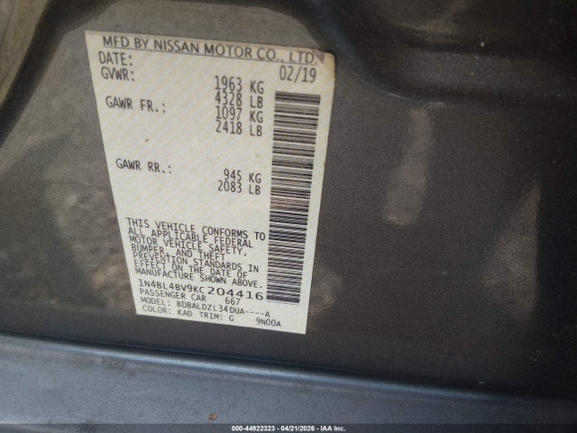 44922323 :رقم المزاد ، 1N4BL4BV9KC204416 vin ، 2019 Nissan Altima 2.5 S مزاد بيع