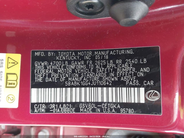 Продажа на аукционе авто 2018 Lexus Es 350, vin: 58ABK1GG4JU110642, номер лота: 44922324
