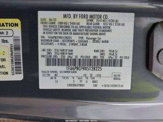 Продаж на аукціоні авто 2022 Ford Mustang Gt Premium Fastback, vin: 1FA6P8CF9N5128225, номер лоту: 44922341