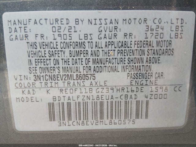 Aukcja sprzedaży 2021 Nissan Versa Sv Xtronic Cvt, vin: 3N1CN8EV2ML860575, numer aukcji: 44922343