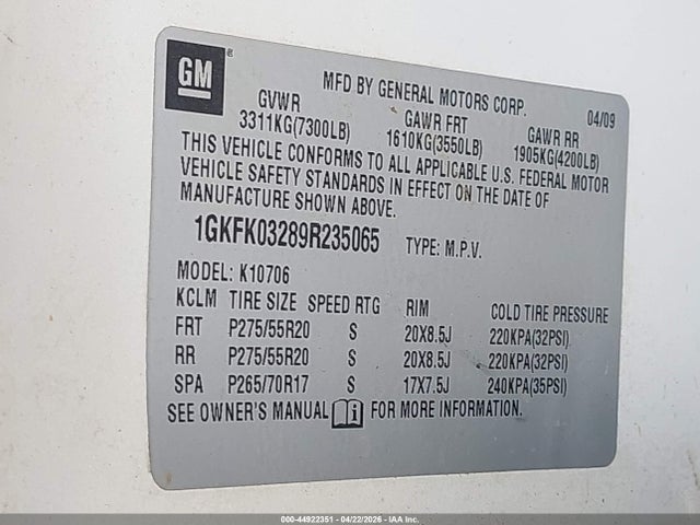 Продажа на аукционе авто 2009 Gmc Yukon Denali, vin: 1GKFK03289R235065, номер лота: 44922351