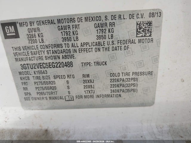 Aukcja sprzedaży 2014 Gmc Sierra 1500 Slt, vin: 3GTU2VEC5EG220488, numer aukcji: 44922365
