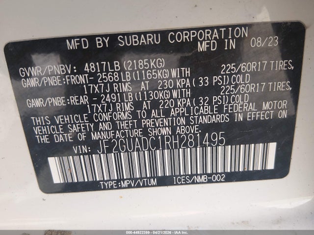 44922399 :رقم المزاد ، JF2GUADC1RH281495 vin ، 2024 Subaru Crosstrek Premium مزاد بيع
