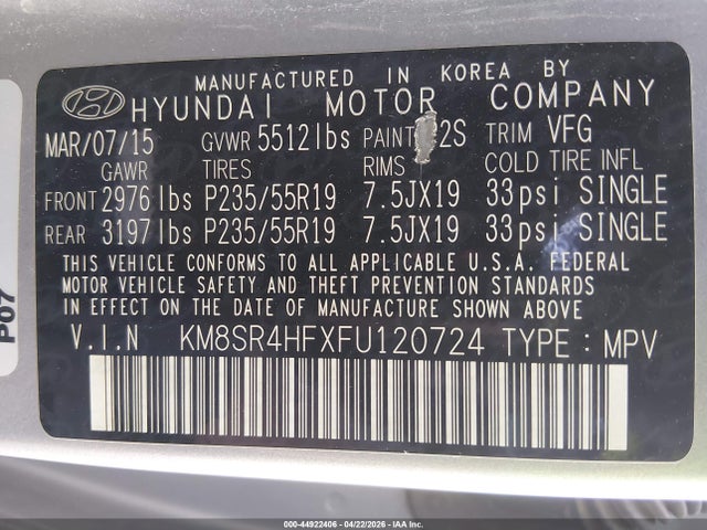 Продажа на аукционе авто 2015 Hyundai Santa Fe Limited, vin: KM8SR4HFXFU120724, номер лота: 44922406