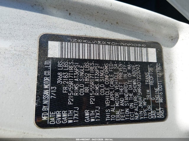 44922407 :رقم المزاد ، JN8AF5MR4DT223093 vin ، 2013 Nissan Juke S مزاد بيع