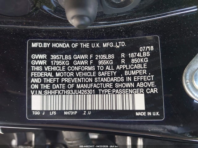 SHHFK7H93JU426301 Honda Civic Sport Touring