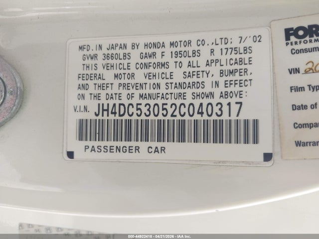 Продажа на аукционе авто 2002 Acura Rsx Type S, vin: JH4DC53052C040317, номер лота: 44922418