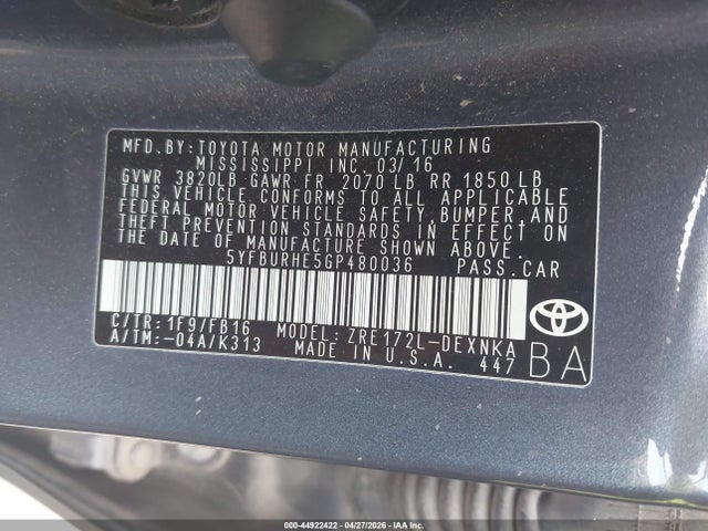 Toyota COROLLA LE 2016 5YFBURHE5GP480036 Image 9