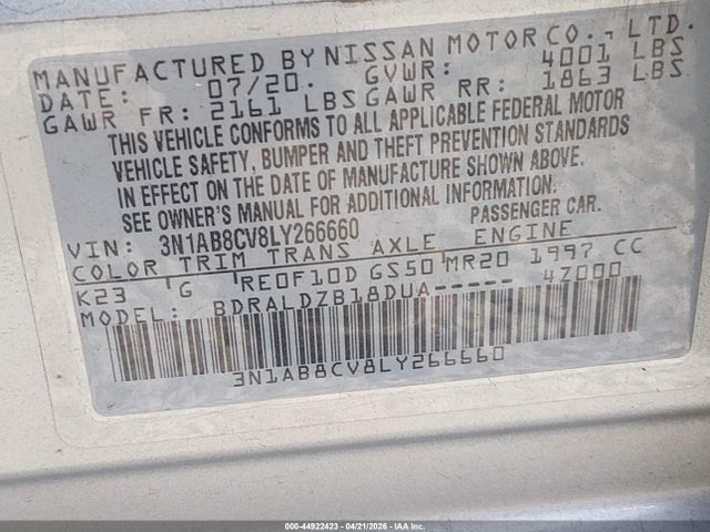 Продажа на аукционе авто 2020 Nissan Sentra Sv Xtronic Cvt, vin: 3N1AB8CV8LY266660, номер лота: 44922423