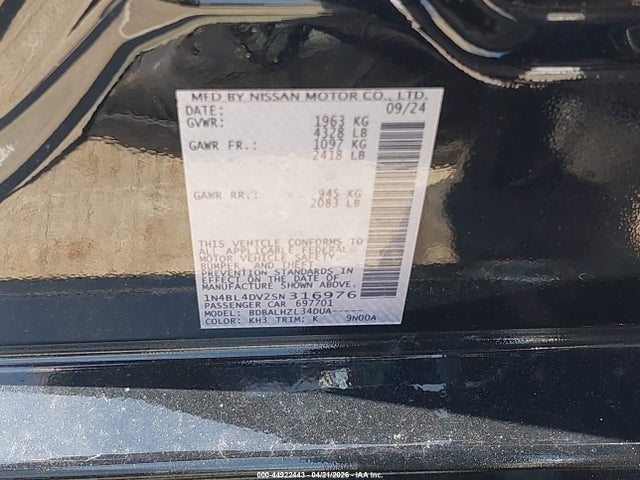 Продаж на аукціоні авто 2025 Nissan Altima Sv Fwd, vin: 1N4BL4DV2SN316976, номер лоту: 44922443