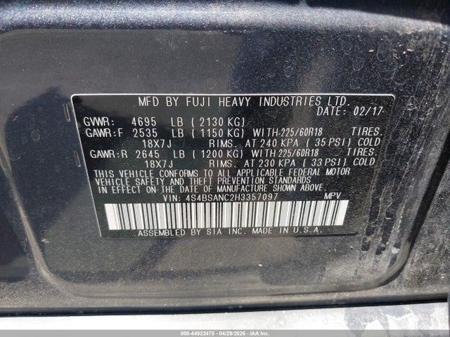 2017 Subaru Outback 2.5i Limited მანქანა იყიდება აუქციონზე, vin: 4S4BSANC2H3357097, აუქციონის ნომერი: 44922475