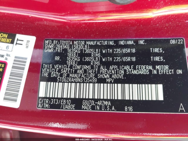 Продаж на аукціоні авто 2022 Toyota Highlander Xle, vin: 5TDGZRAH8NS135499, номер лоту: 44922493