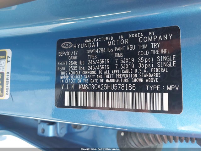 Продажа на аукционе авто 2017 Hyundai Tucson Limited, vin: KM8J3CA25HU578186, номер лота: 44922494