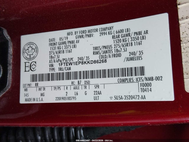 Aukcja sprzedaży 2019 Ford F-150 Xlt, vin: 1FTEW1EP8KKD86268, numer aukcji: 44922497