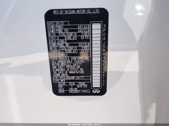 Продаж на аукціоні авто 2021 Infiniti Qx50 Luxe, vin: 3PCAJ5BA4MF126177, номер лоту: 44922500