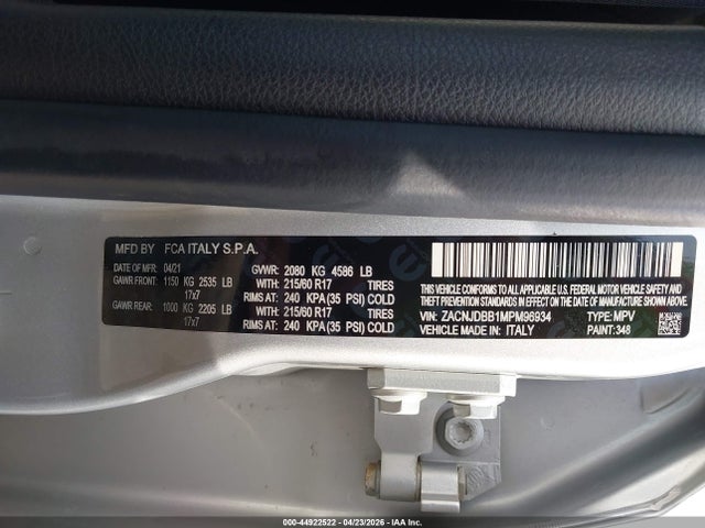44922522 :رقم المزاد ، ZACNJDBB1MPM96934 vin ، 2021 Jeep Renegade Latitude 4x4 مزاد بيع