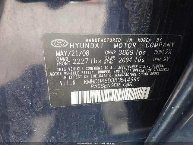 Aukcja sprzedaży 2008 Hyundai Elantra Gls/se, vin: KMHDU46D38U514996, numer aukcji: 44922550