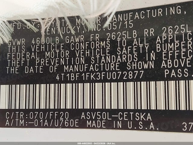 Продаж на аукціоні авто 2015 Toyota Camry Se, vin: 4T1BF1FK3FU072877, номер лоту: 44922553