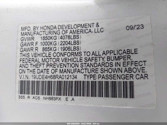 Aukcja sprzedaży 2024 Acura Integra A-spec Technology, vin: 19UDE4H68RA012134, numer aukcji: 44922554