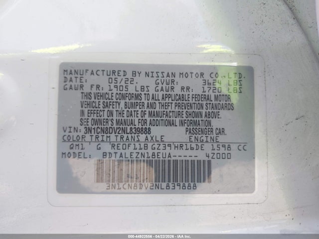3N1CN8DV2NL839888 Nissan Versa 1.6 S Xtronic Cvt