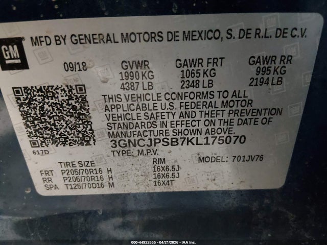 Chevrolet Trax Lt 2019 3GNCJPSB7KL175070 Image 9