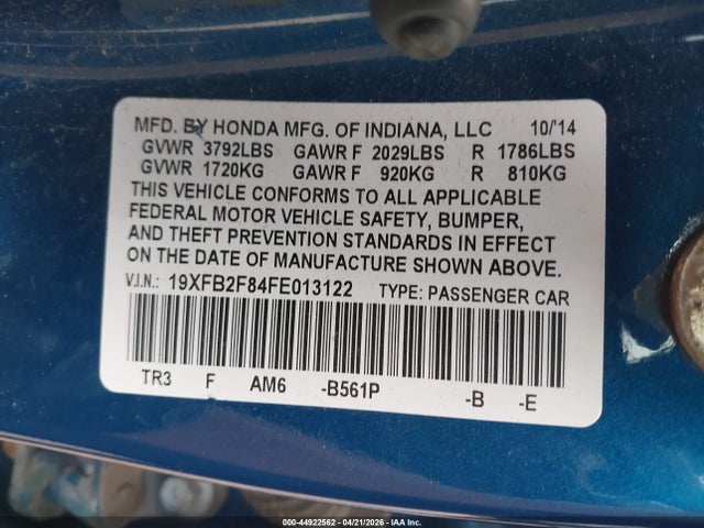 2015 Honda Civic Ex მანქანა იყიდება აუქციონზე, vin: 19XFB2F84FE013122, აუქციონის ნომერი: 44922562